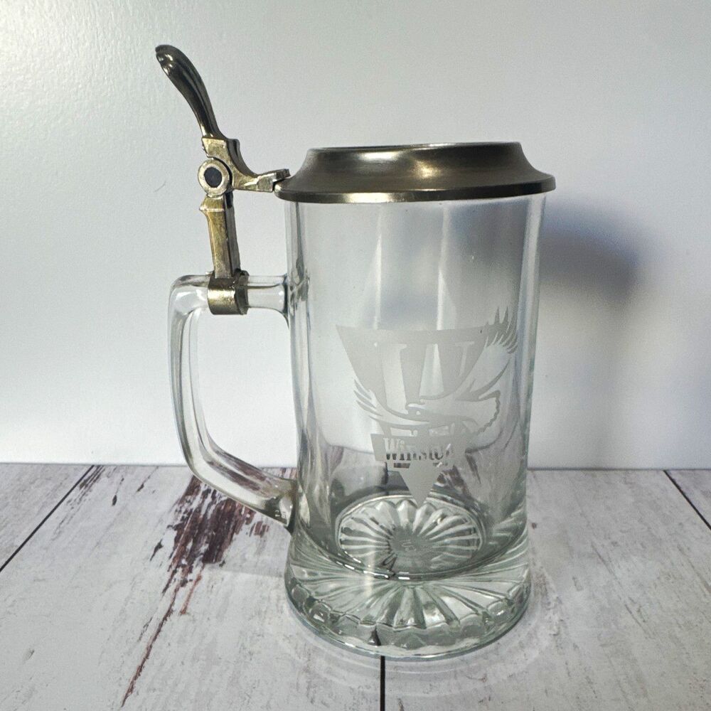 Winston Advertising Clear Glass Beer Stein Mug w/ Hinged Pewter Lid Silver